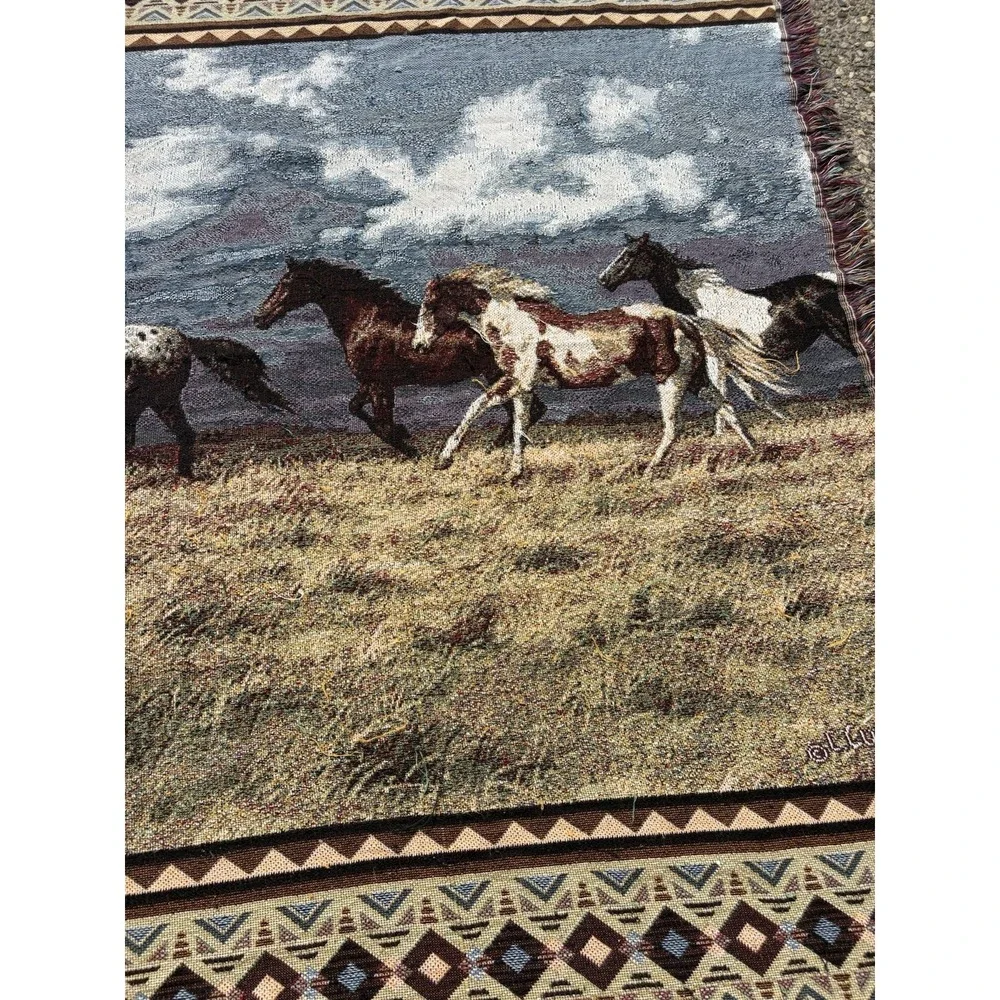 Vintage 90s C. Cummings Horses Fringe Throw Tapestry Blanket 13 FEET X 64 Inches